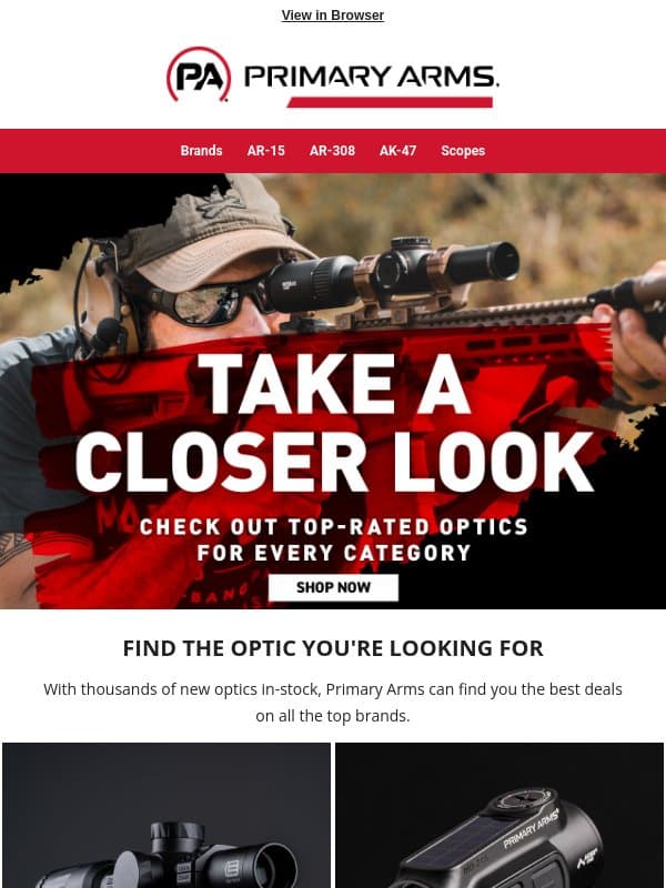 Everyday Deals on Red Dots, Prisms or Rifle Scopes email from Primary Arms