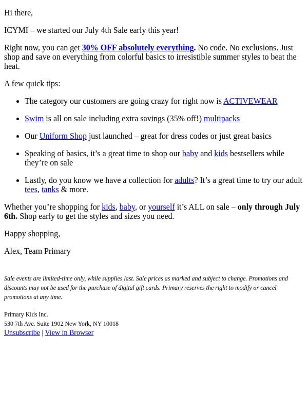 ICYMI: The whole site is 30% off! email from Primary