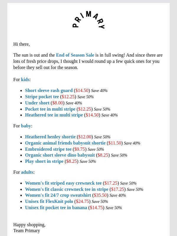 Now 40-50% Off: Your Price Drop Roundup! email from Primary