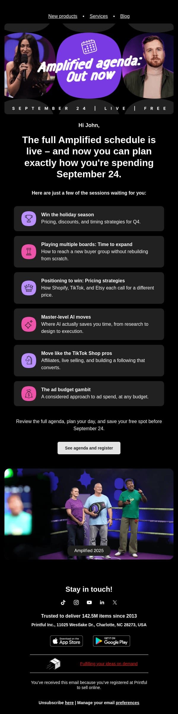 The full Amplified agenda is here email from Printful screenshot