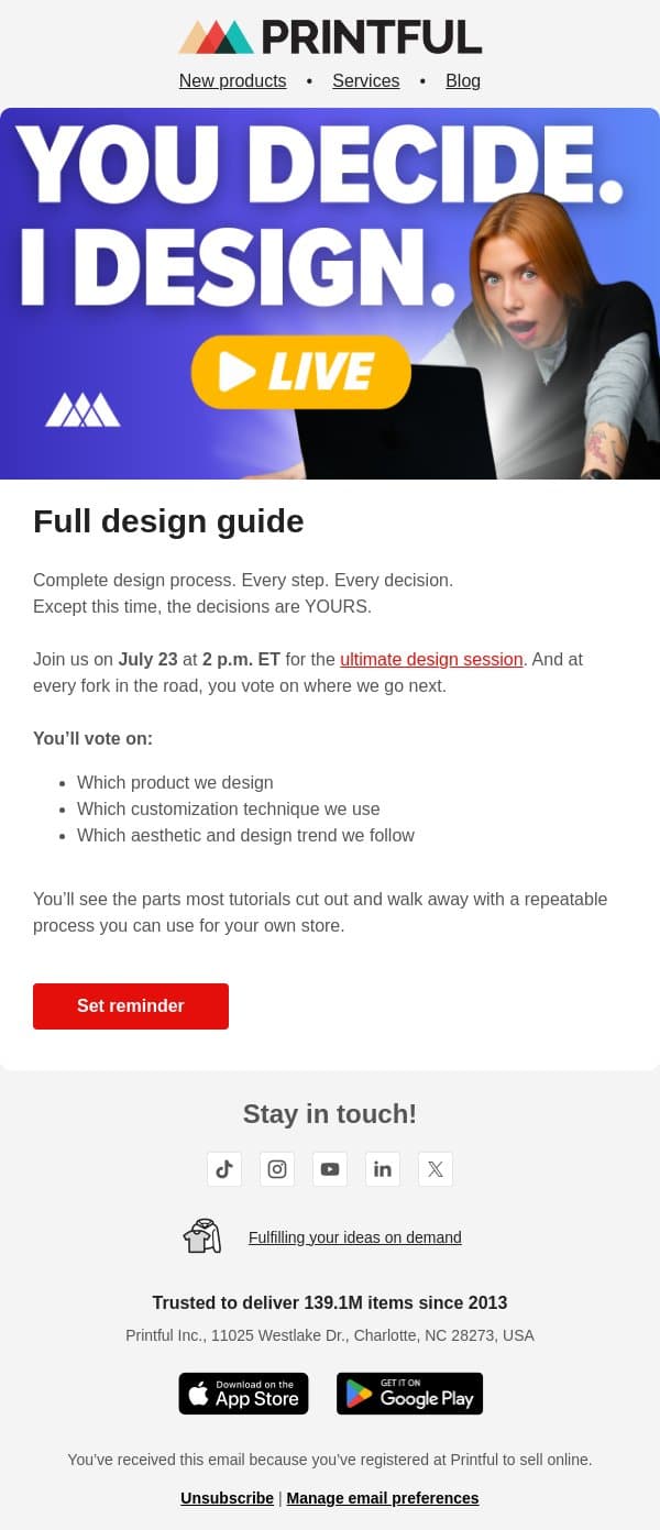 LIVE design session ⏰ email from Printful screenshot