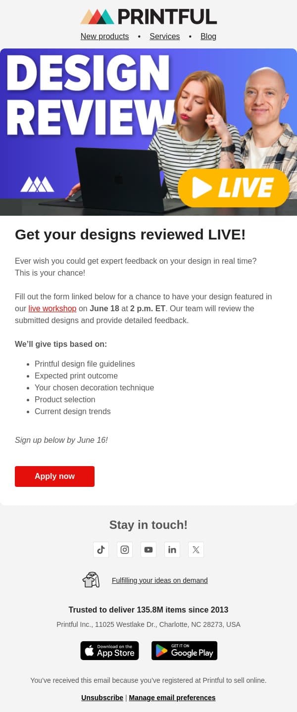 LIVE design review ⏰ email from Printful screenshot