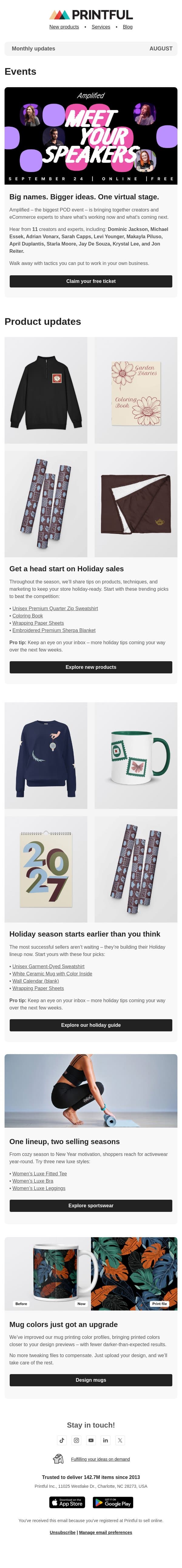 Monthly updates | August email from Printful screenshot