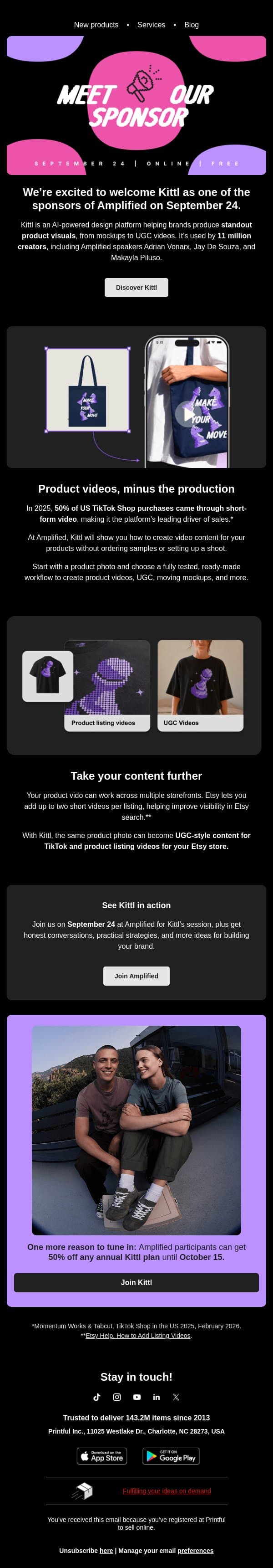 Get 50% off any Kittl annual plan. email from Printful screenshot
