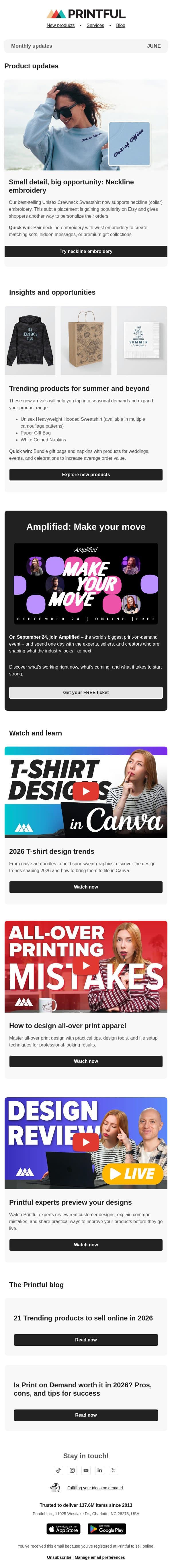 Monthly updates | June email from Printful screenshot