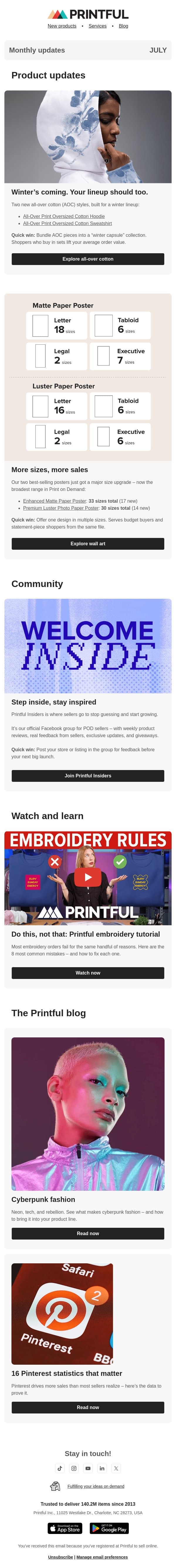Monthly updates | July email from Printful screenshot