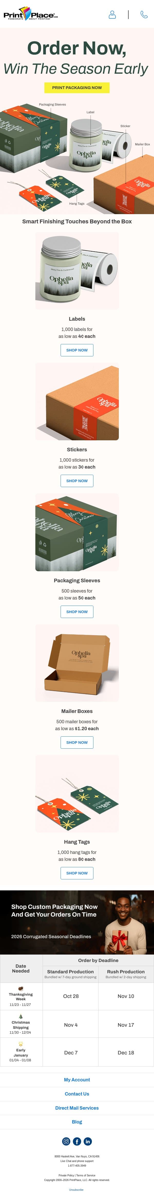Win the Season Early — Print Packaging Now email from PrintPlace screenshot