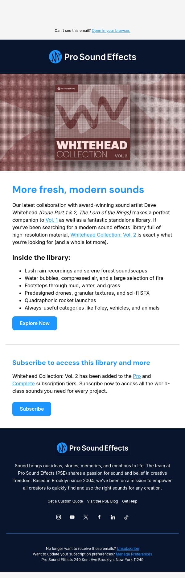 New Library - Whitehead Collection: Vol. 2 🎬 email from Pro Sound Effects screenshot