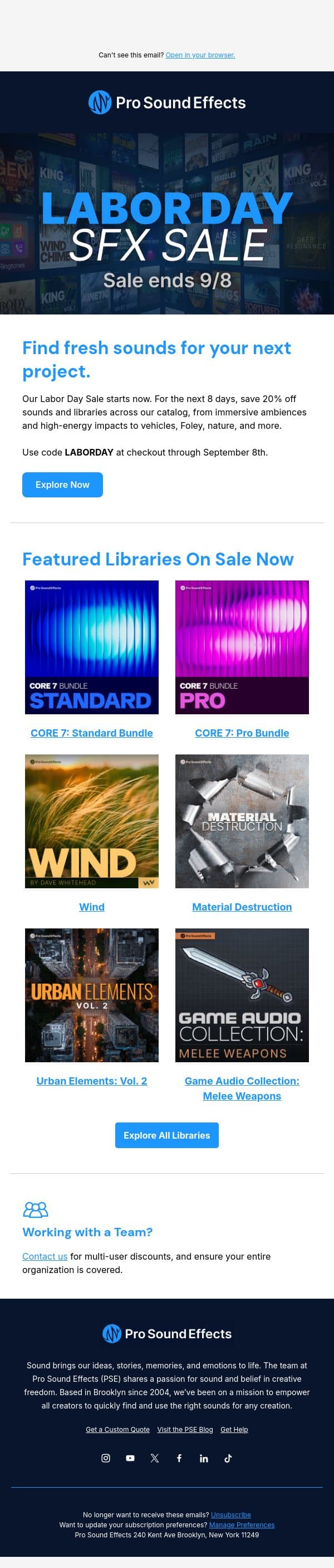Labor Day Sale: 20% Off Sitewide email from Pro Sound Effects screenshot