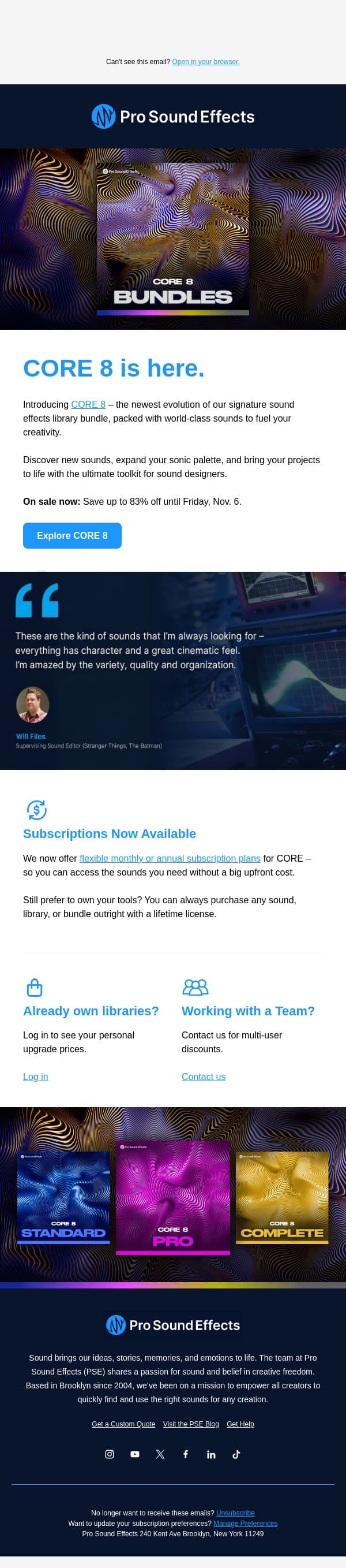 CORE 8 Is Here. email from Pro Sound Effects screenshot