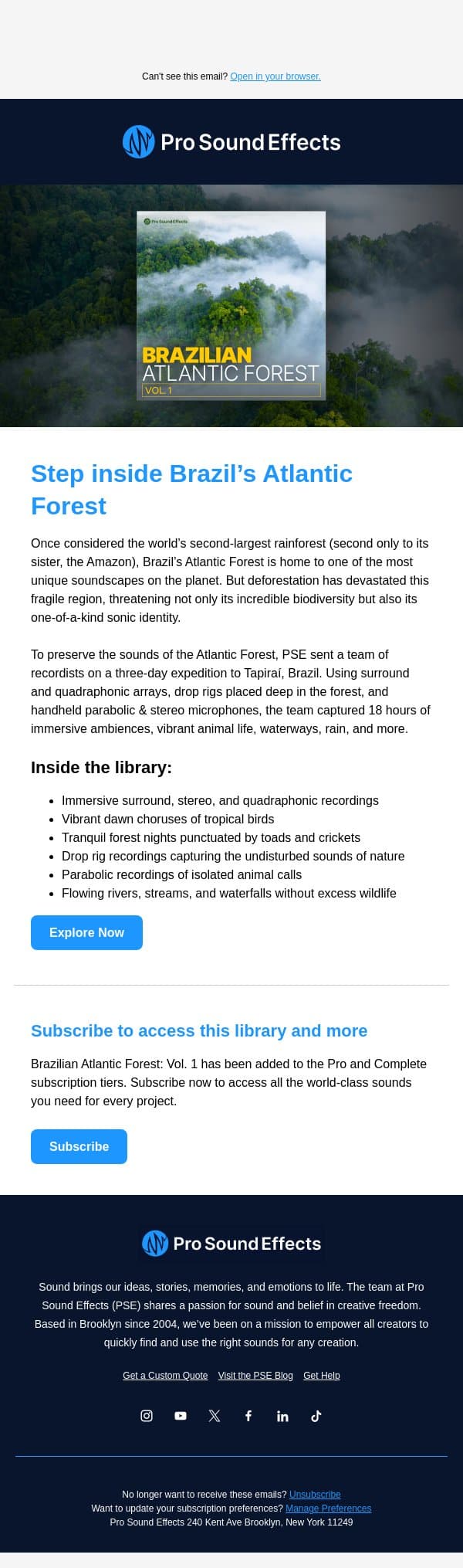 New Library - Brazilian Atlantic Forest: Vol. 1 🇧🇷 email from Pro Sound Effects screenshot