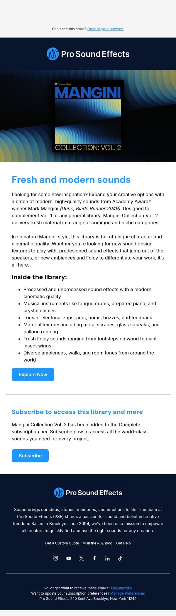 New Library - Mangini Collection: Vol. 2 🎬 email from Pro Sound Effects screenshot