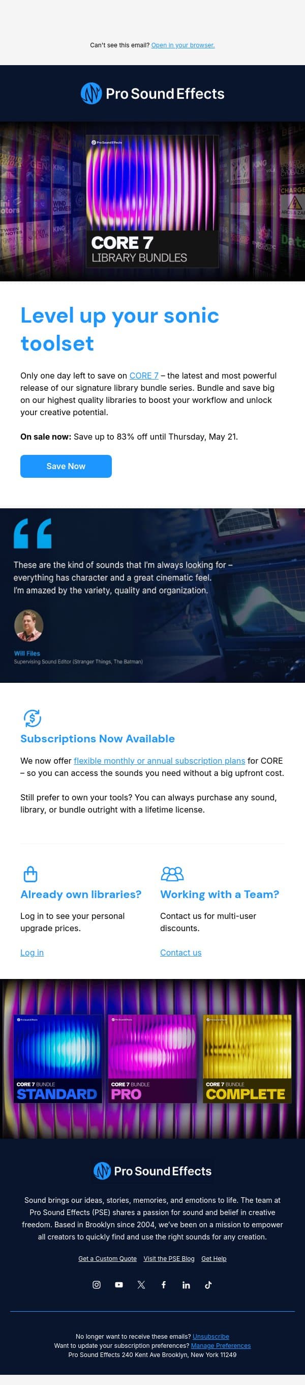 ⏰ 24 hours left: Save on your CORE 7 upgrade email from Pro Sound Effects screenshot