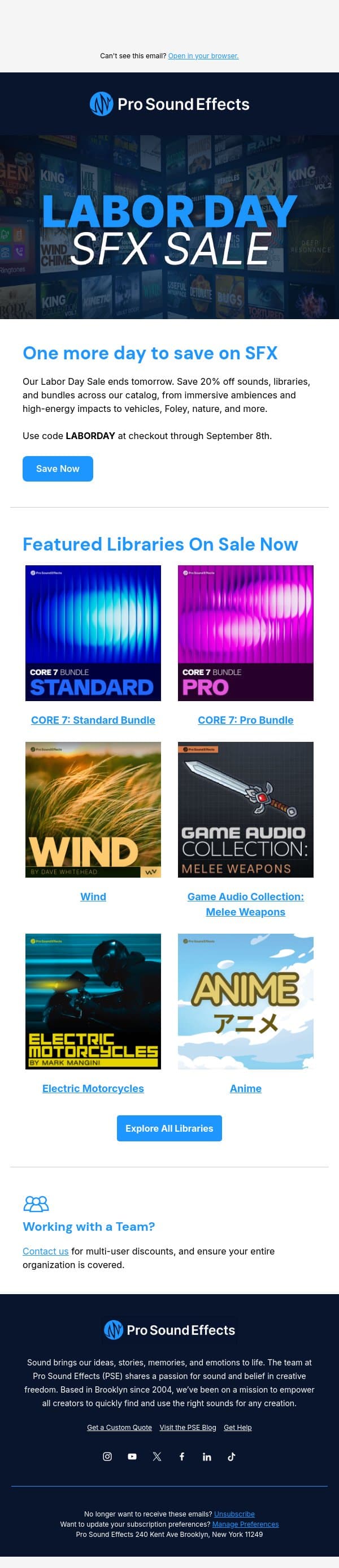 ⏰ Ends tomorrow: Save 20% on sounds & libraries email from Pro Sound Effects screenshot