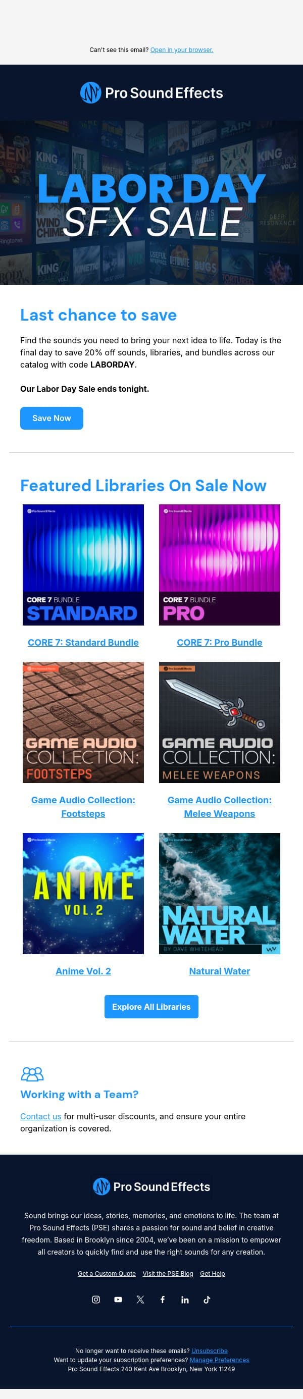 🚨 Our Labor Day Sale ends tonight email from Pro Sound Effects screenshot