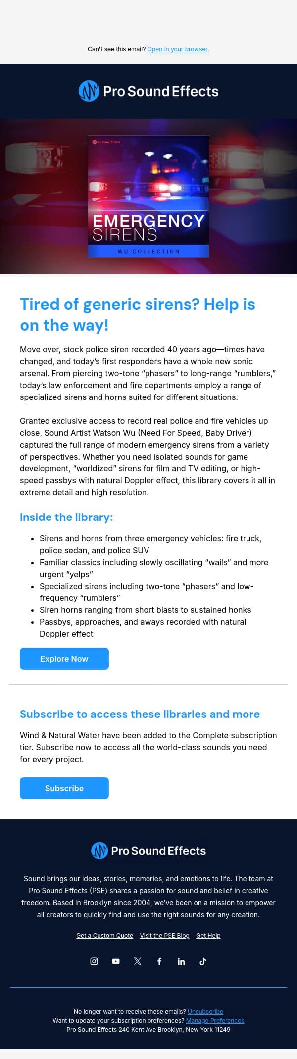 New Library - Emergency Sirens🚨 email from Pro Sound Effects screenshot