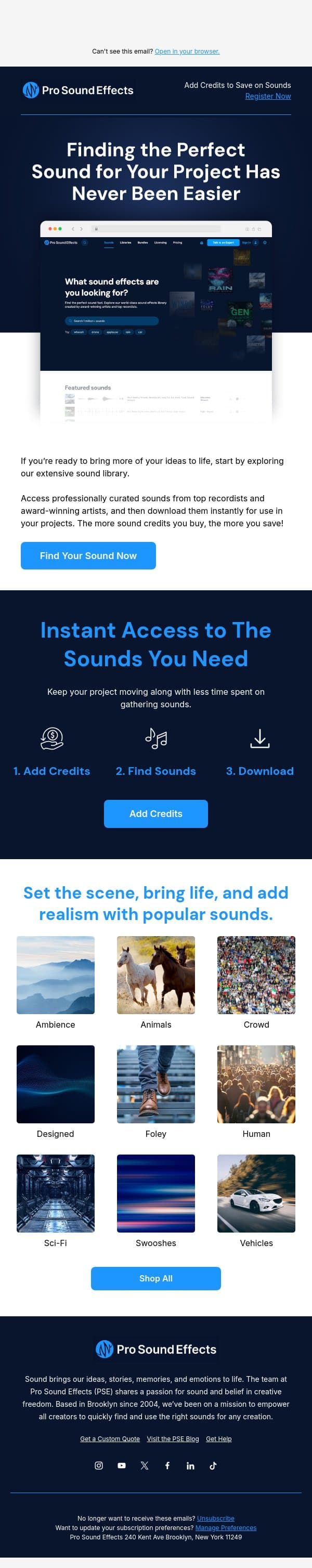 Find the sound that’s in your head 🔊 email from Pro Sound Effects screenshot