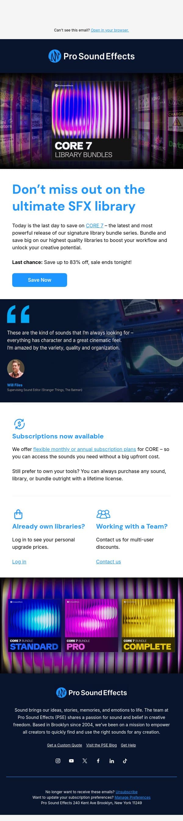 π¨ Last Chance: Save up to 83% off our best libraries email from Pro Sound Effects screenshot