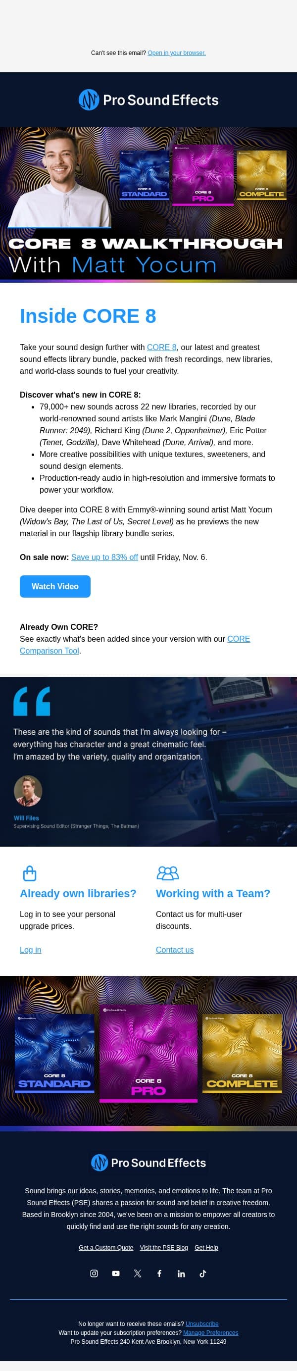 Discover what's new in CORE 8 email from Pro Sound Effects screenshot