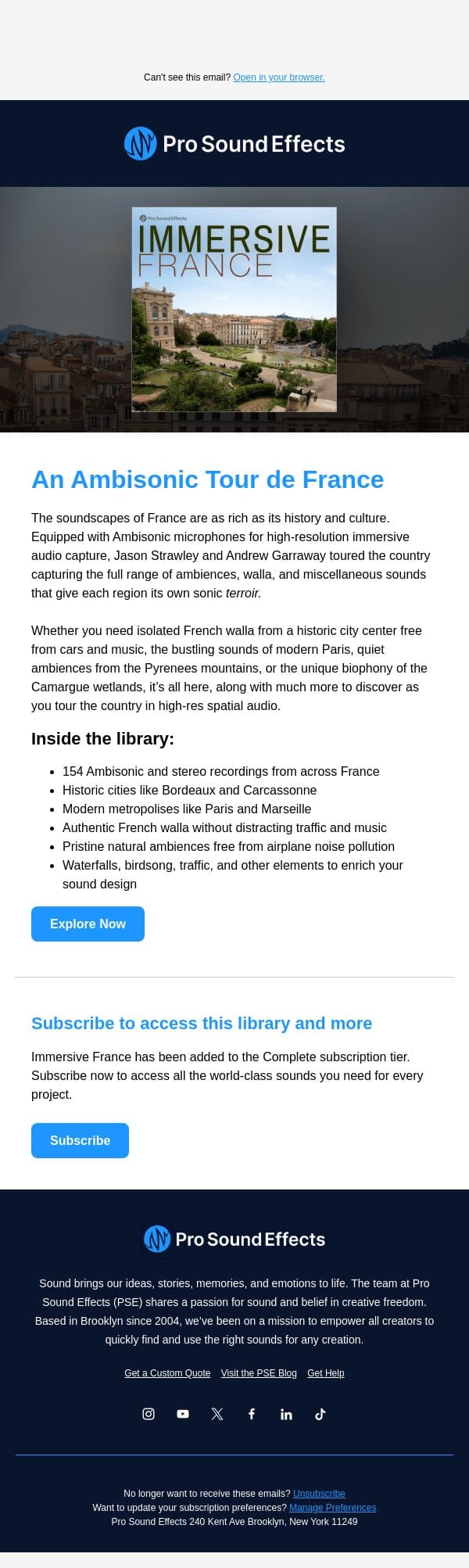 New Library - Immersive France 🇫🇷 email from Pro Sound Effects screenshot