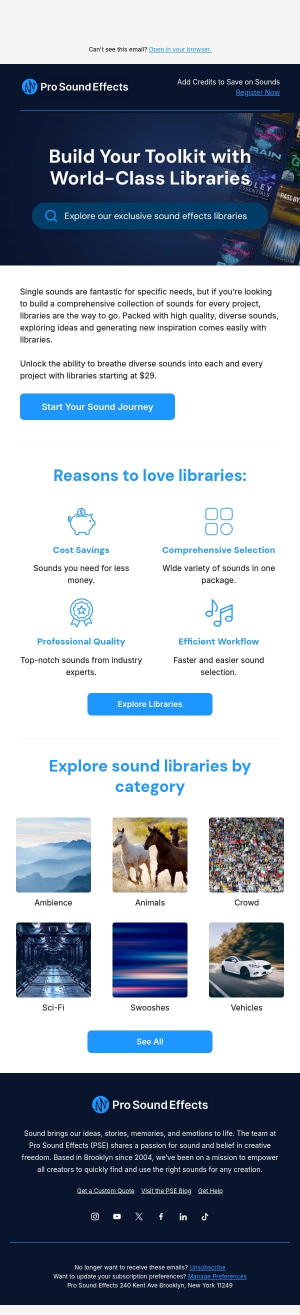 Why sound libraries are a game changer email from Pro Sound Effects screenshot