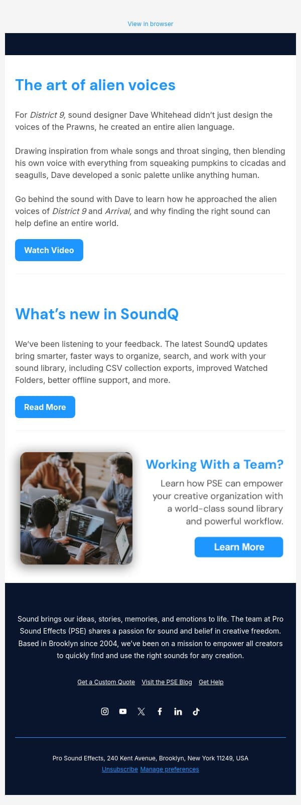How do you create the voice of an alien? email from Pro Sound Effects screenshot