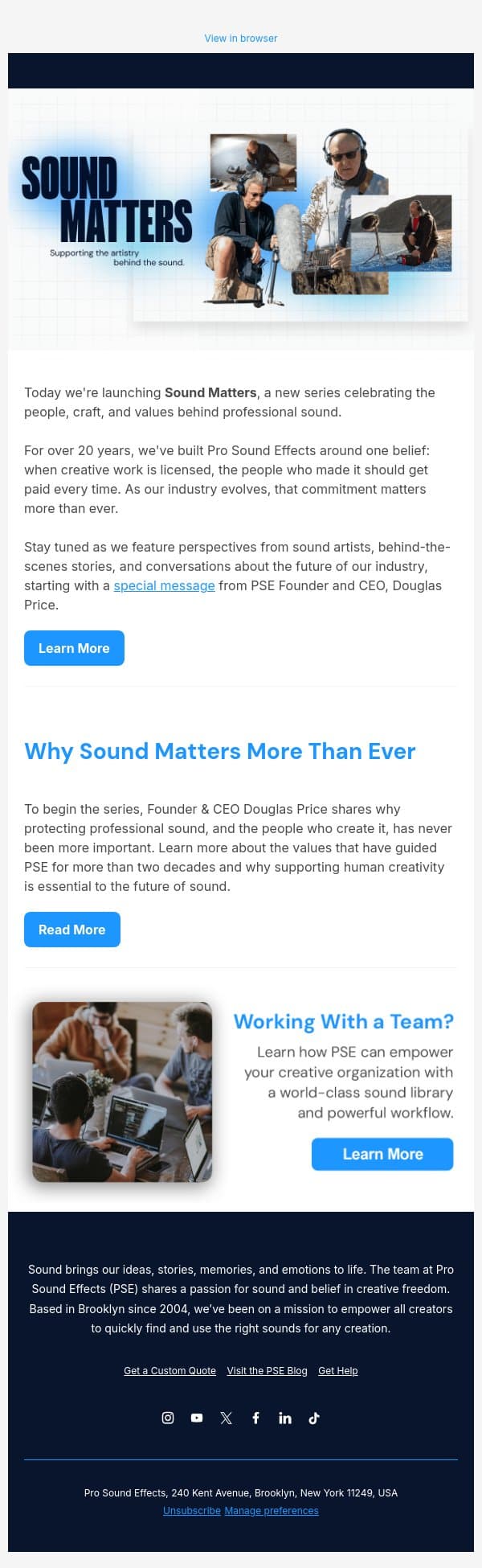 Why Sound Matters More Than Ever email from Pro Sound Effects screenshot