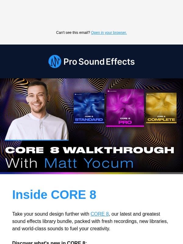 Discover what's new in CORE 8 email from Pro Sound Effects