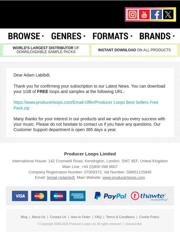Subscription to Latest News @ ProducerLoops.com email from Producer Loops