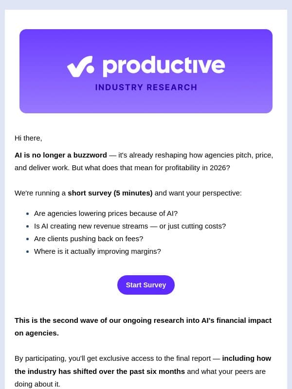 The financial impact of AI for agencies — share your perspective email from Productive