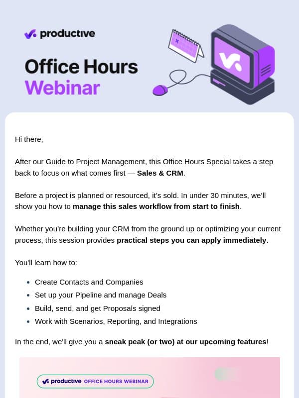 Office Hours Special: From Lead to Signed Proposal With Sales & CRM email from Productive
