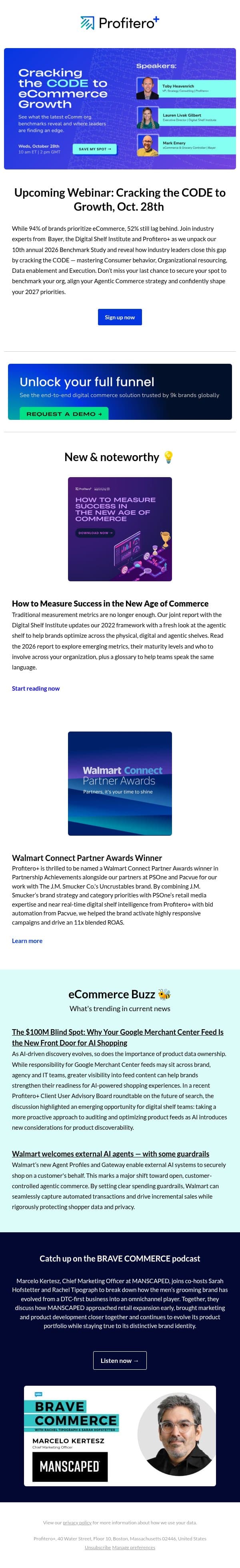 Digital Shelf Digest: Upcoming webinar: Cracking the CODE to Growth, How to Measure Success in the New Age of Commerce and Walmart Connect Partner Awards Winner email from Profitero screenshot