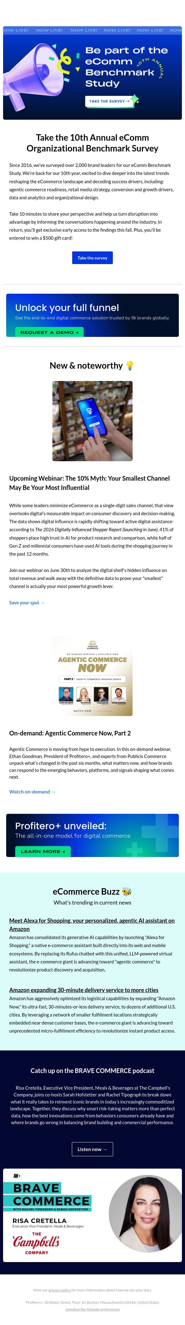 Digital Shelf Digest: Help Shape the 10th eComm Benchmark Study and Upcoming Webinars: The Digitally Influenced Shopper and Agentic Commerce Now email from Profitero screenshot