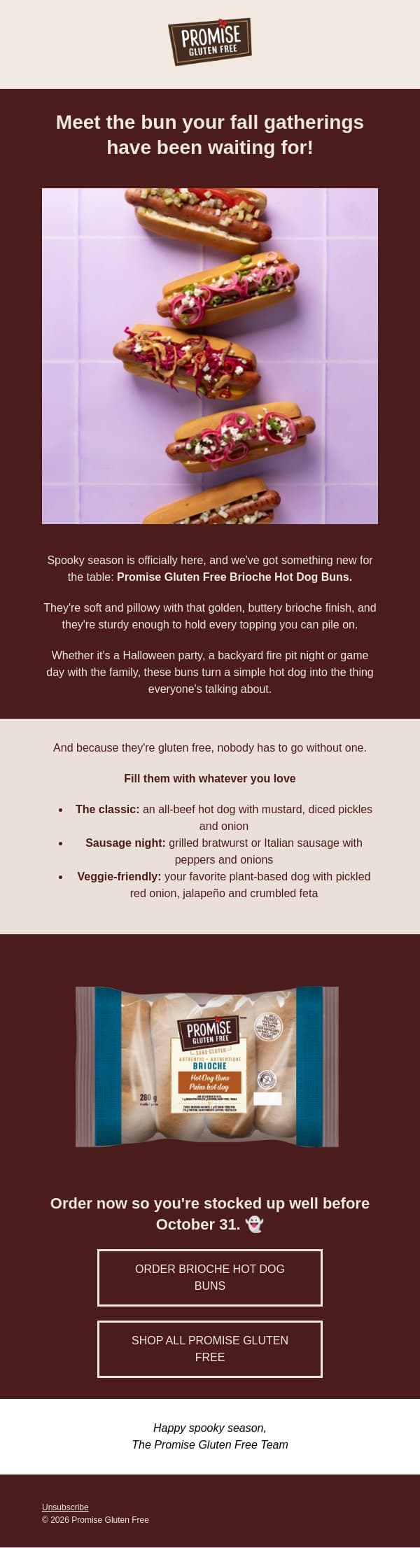 Brioche hot dog buns are here (and they're fall-party ready) email from Promise Gluten Free screenshot