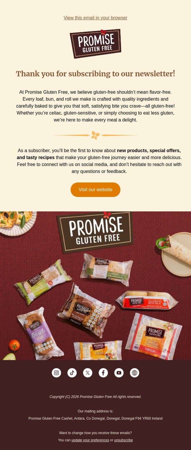 Thank you for subscribing! email from Promise Gluten Free screenshot