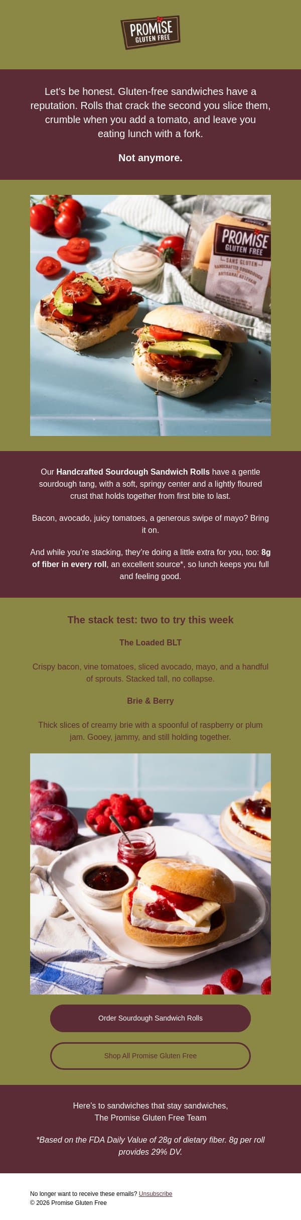 Gluten-free rolls that don’t fall apart. email from Promise Gluten Free screenshot