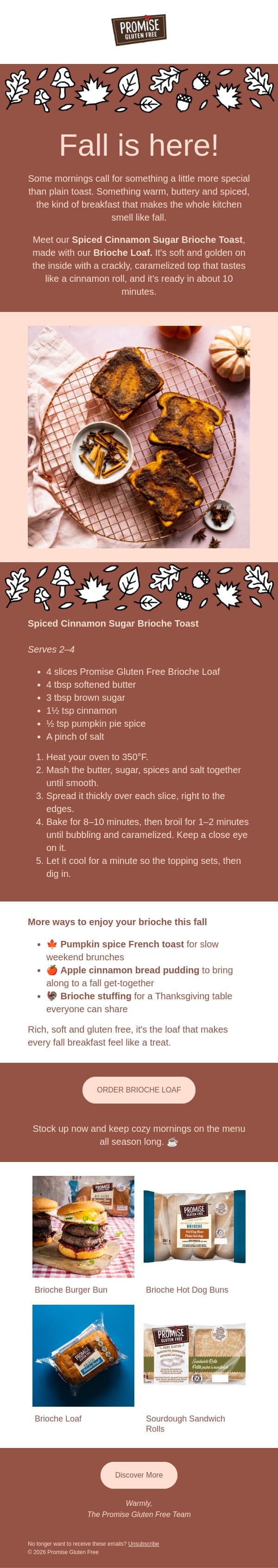 One loaf, endless cozy breakfasts all season long. email from Promise Gluten Free screenshot