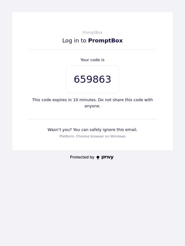 Your login code for PromptBox email from PromptBox