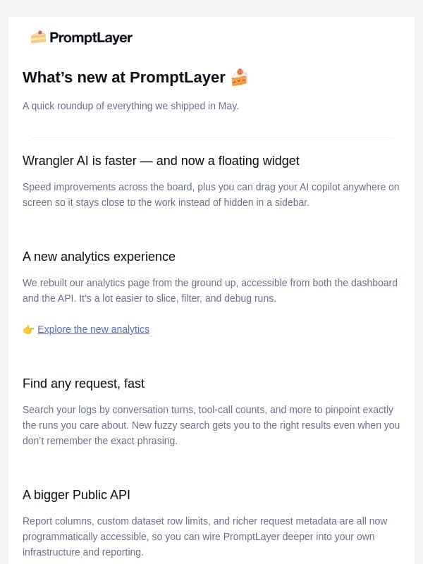 What’s new at PromptLayer this May 🍰 email from PromptLayer
