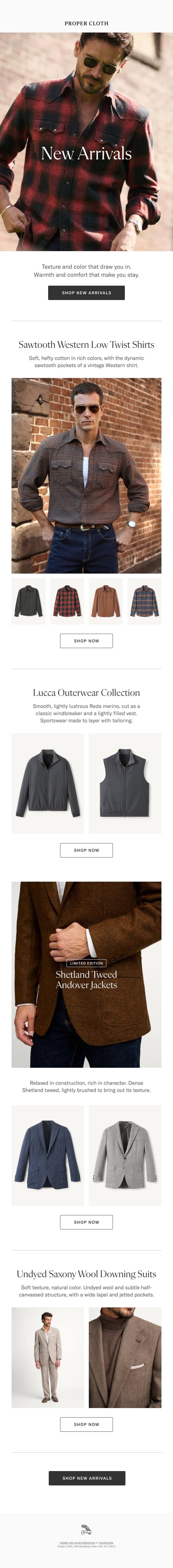 Texture and color. Warmth and comfort. email from Proper Cloth screenshot