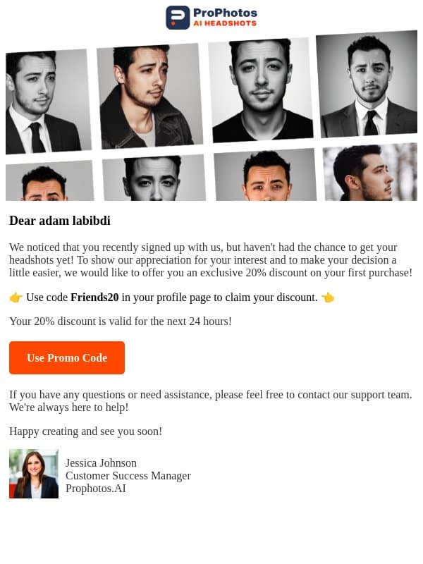 AI Headshot Discount Code - 20% Off email from ProPhotos screenshot