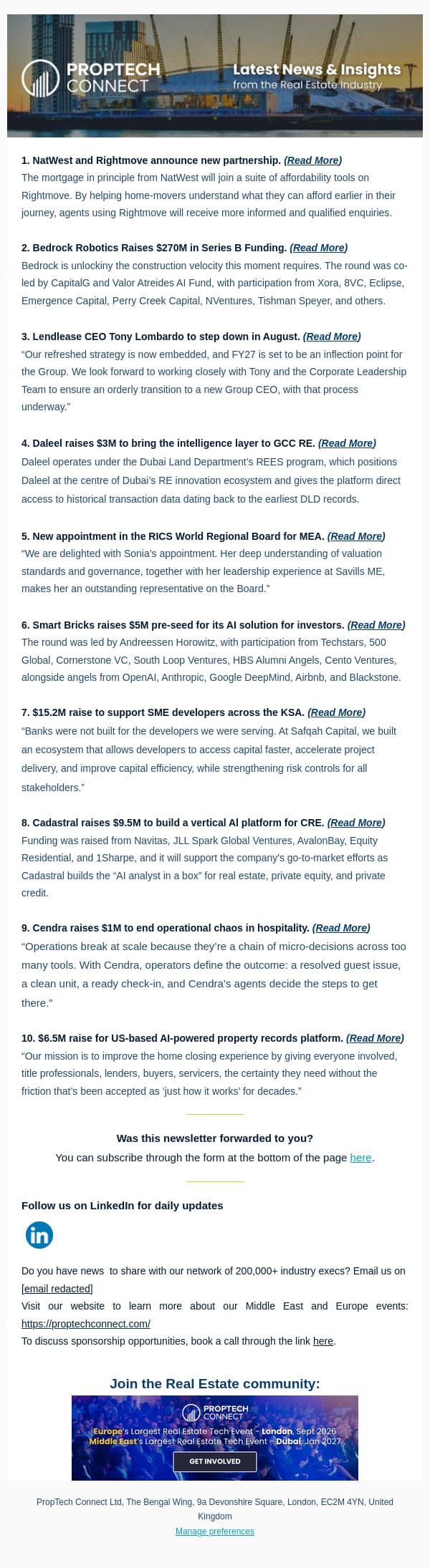 News from the PropTech Community email from PropTech Connect screenshot