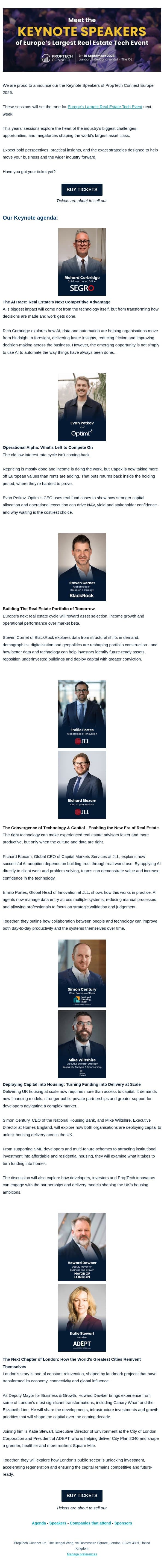 Meet the Keynote Speakers of Europe's Largest Real Estate Tech Event email from PropTech Connect screenshot
