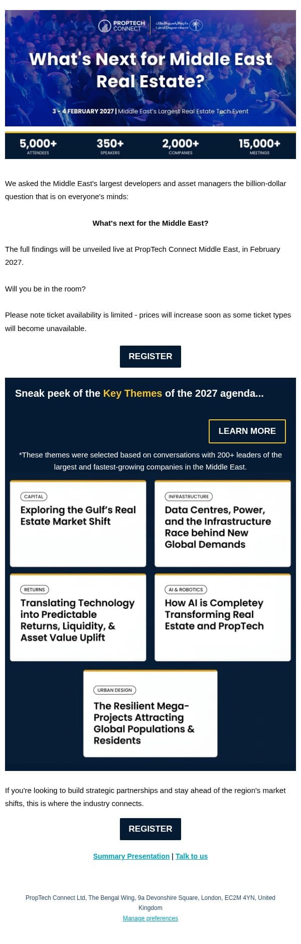 What's Next for Middle East Real Estate? email from PropTech Connect screenshot