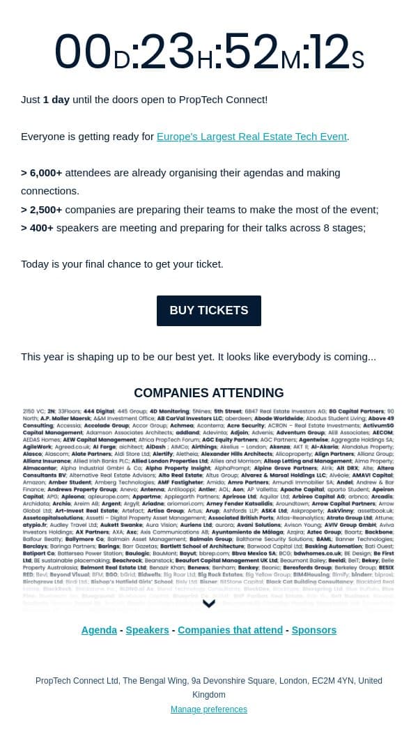 24 hours until doors open email from PropTech Connect screenshot