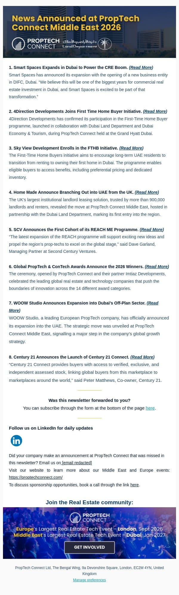 News Announced at PropTech Connect Middle East email from PropTech Connect screenshot