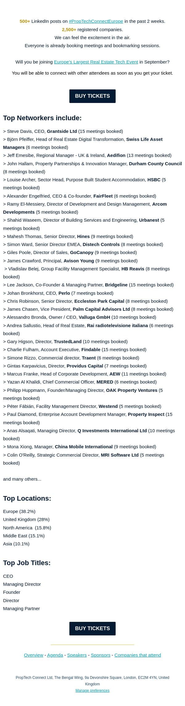 Schedules for PropTech Connect are getting full... email from PropTech Connect screenshot