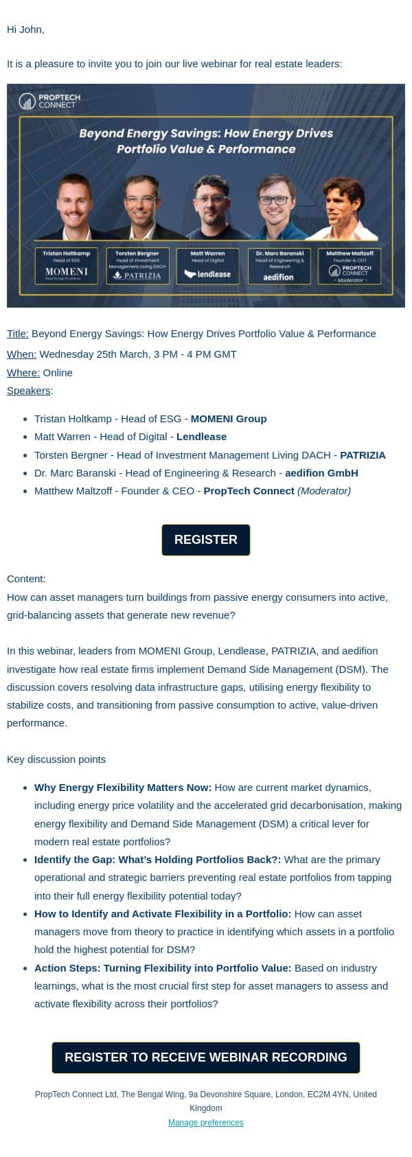 Beyond Energy Savings: How Energy Drives Portfolio Value & Performance email from PropTech Connect screenshot
