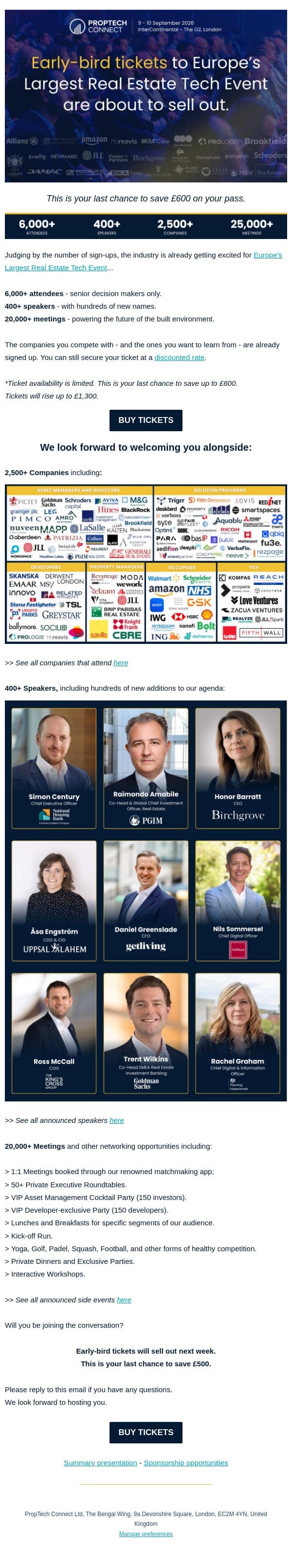 Courtesy email: Early-bid tickets are about to sell out email from PropTech Connect screenshot