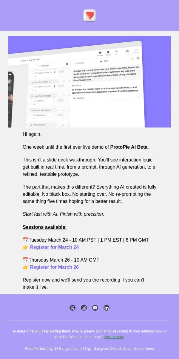 Watch AI build interaction logic — Live! email from ProtoPie screenshot